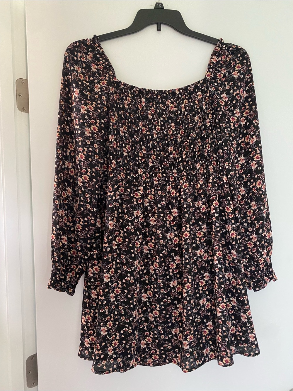Black Floral Smocked Peasant Tunic with Pink Accents